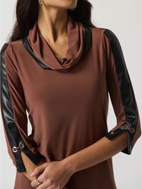 Joseph Ribkoff Brown Cowl-Neck Top with Black Trim
